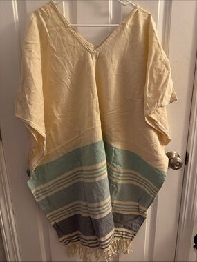 tribe alive Cream V-Neck Tunic with Mint & Gray Stripes